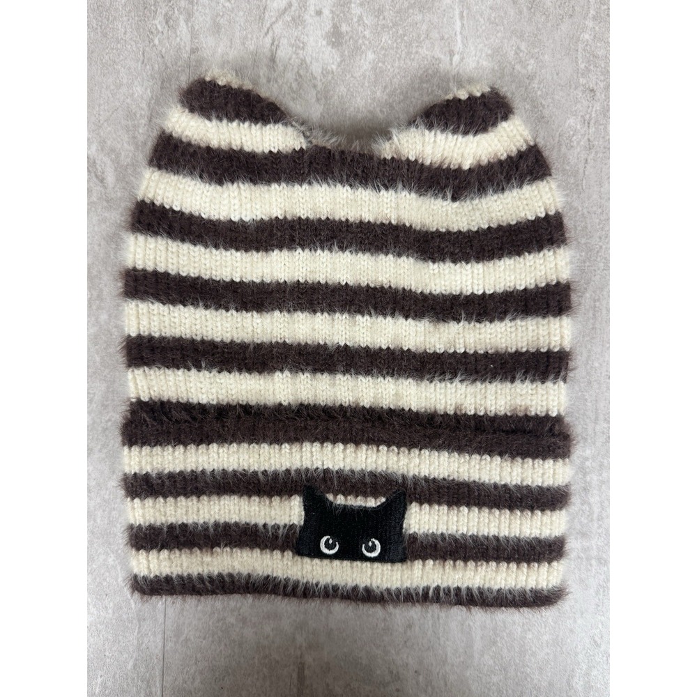 Fuzzy Hat Black Cat Ears Warm Chunky Knit Hat Winter Whimsical Striped